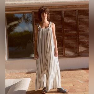 Blue/Ecru Ruffle Strap Wide Leg 100% Cotton Jumpsuit